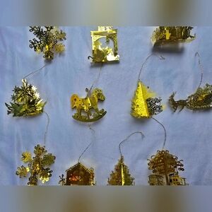 Vintage Laser Cut Gold Tone 3D Metal Christmas Ornaments Lot of 13